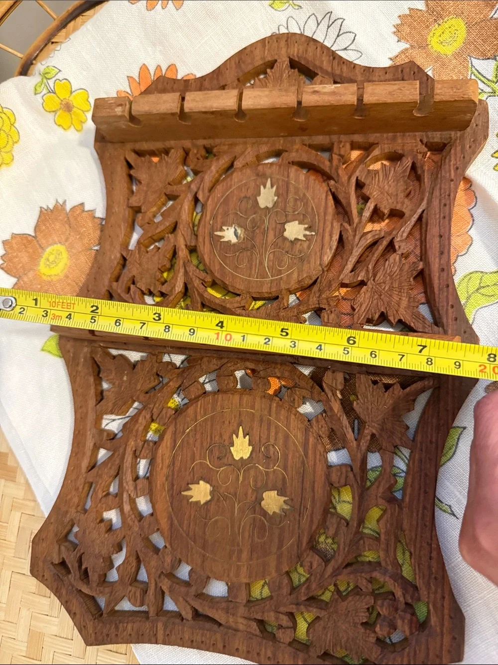 Vintage Hand Carved Sheesham Wood  Rack Wall Display Brass Inlay India